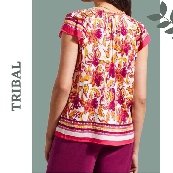 Tribal Border Print Knit Top Ruffle Short Sleeve Pink Yellow White Size XXL - Picture 2 of 9